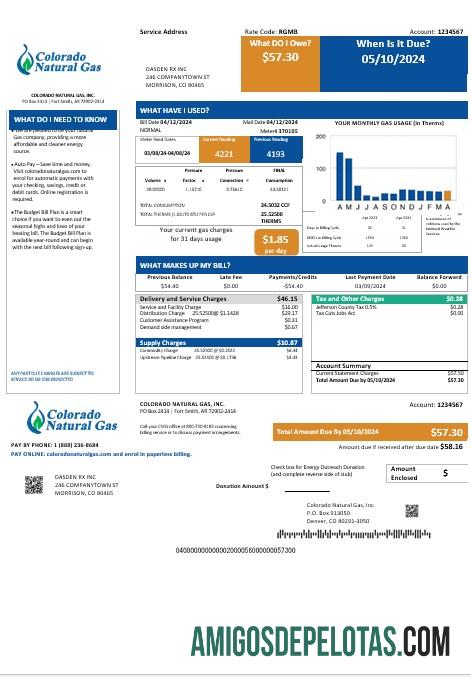 Em branco modelo de fatura de serviços públicos de gás natural dos EUA Colorado em formatos Word e PDF